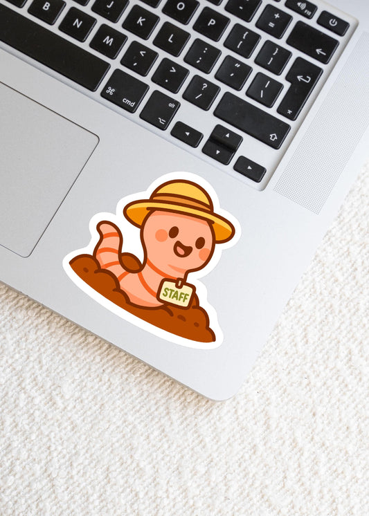 Garden Centre Staff Worm Sticker, Cute Kawaii Gardening Vinyl Decal, Funny Compost Soil Helper, Plant Lover Gift