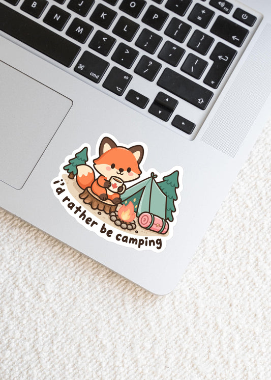 I'd Rather Be Camping Sticker, Cute Kawaii Fox Vinyl Decal, Funny Outdoor Camping Gift, Campfire Tent Laptop Water Bottle Sticker