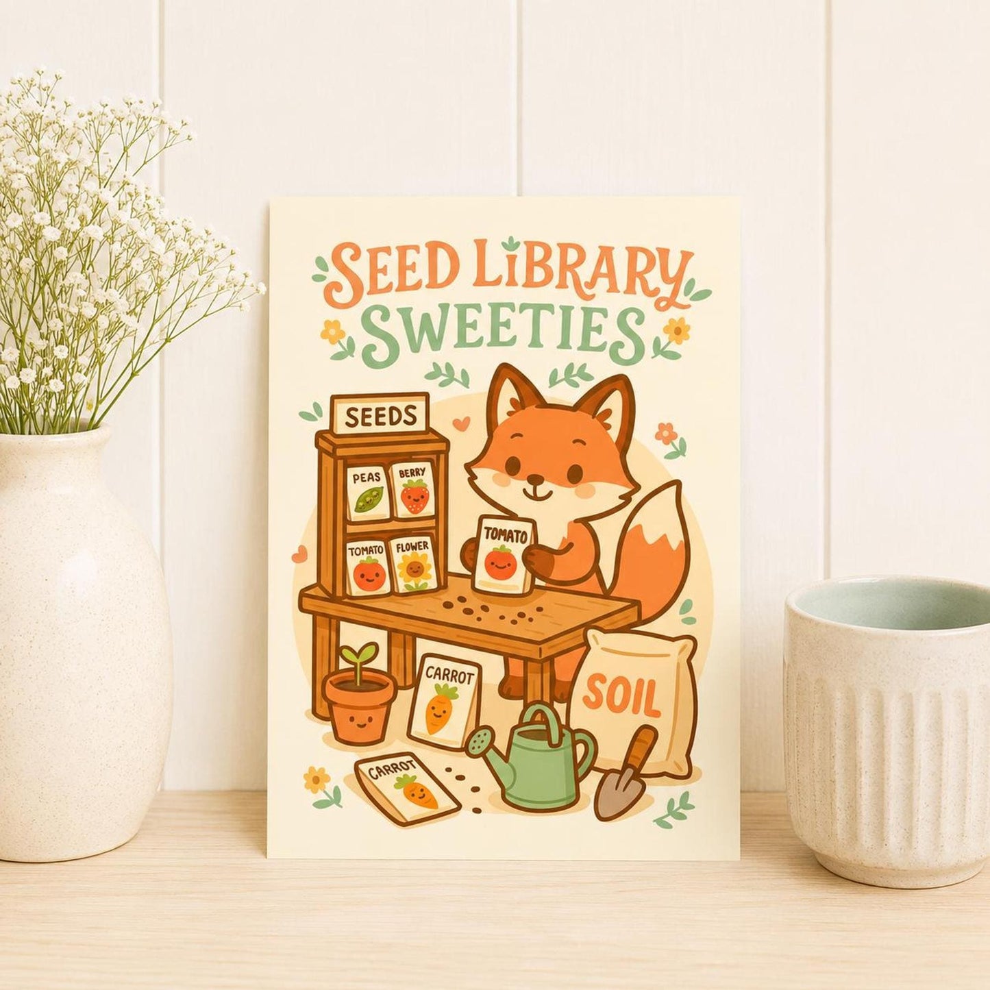 Seed Library Sweeties Art Print, Cute Kawaii Fox Garden Wall Decor, Seed Packet Illustration, Cottagecore Gardener Gift