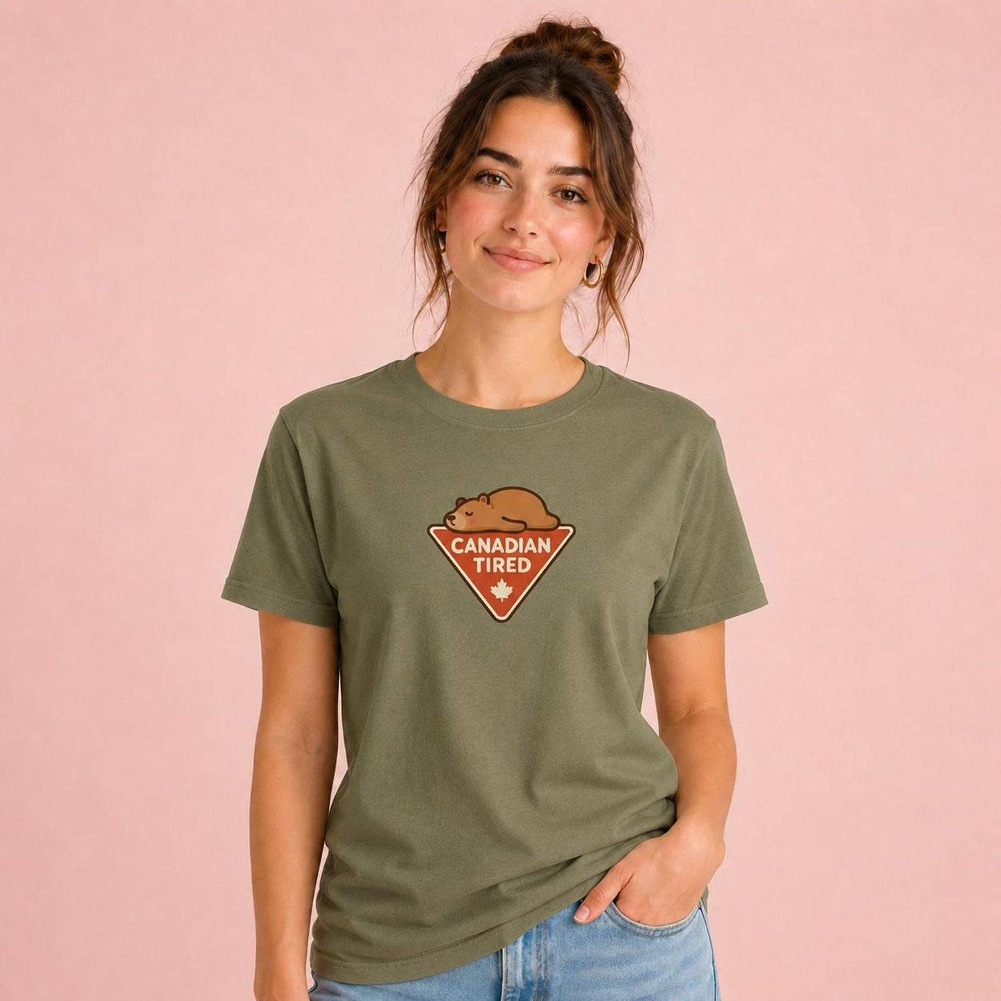 Canadian Tired T-Shirt, Kawaii Sleepy Bear Unisex Tee, Funny Canada Joke Gift, Maple Leaf Humour, Cozy Graphic Shirt