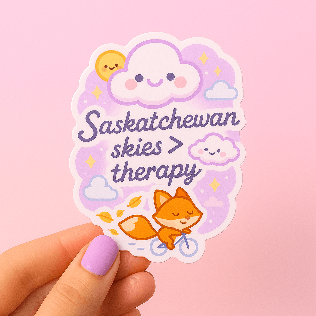Saskatchewan Skies Greater Than Therapy Sticker | Cute Prairie Vinyl Sticker | Kawaii Canadian Fox - Paige Poutine