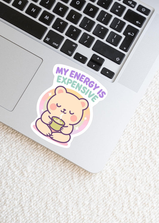 Cute Kawaii Bear Vinyl Sticker, My Energy Is Expensive Decal, Self Care Mental Health, Introvert Boundaries, Planner Journal Gift - Paige Poutine