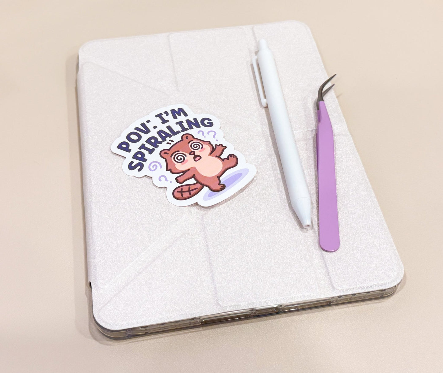 Funny Anxiety Beaver Vinyl Sticker | POV: I’m Spiraling Kawaii Die Cut Sticker - Paige Poutine