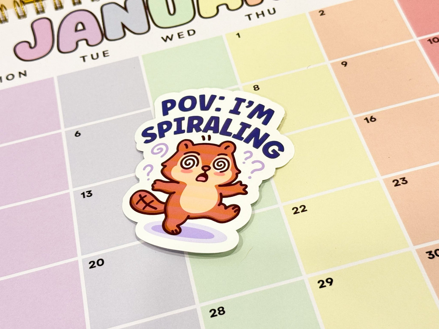 Funny Anxiety Beaver Vinyl Sticker | POV: I’m Spiraling Kawaii Die Cut Sticker - Paige Poutine