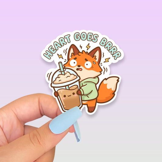 Heart Goes Brrr Iced Coffee Sticker, Cute Kawaii Fox Vinyl Decal, Funny Caffeine Humour Gift, Coffee Lover Laptop Sticker - Paige Poutine