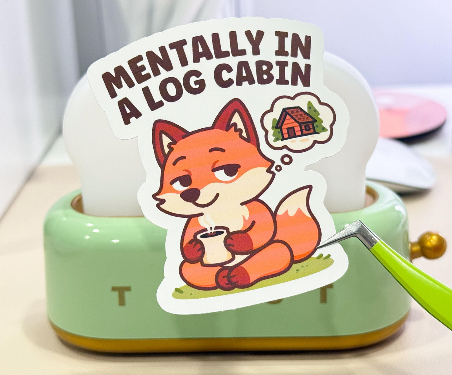 Mentally in a Log Cabin Fox Sticker, Cute Kawaii Cozy Cabin Vinyl Decal, Funny Introvert Gift for Laptop Water Bottle Planner Journal