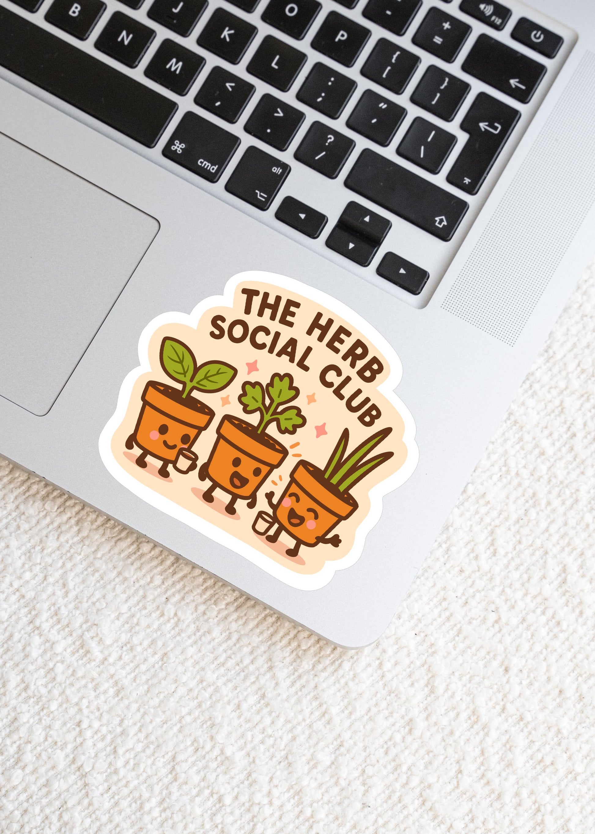 The Herb Social Club Sticker, Cute Kawaii Plant Pot Vinyl Decal, Funny Gardening Gift, Herb Garden Laptop Planner Sticker