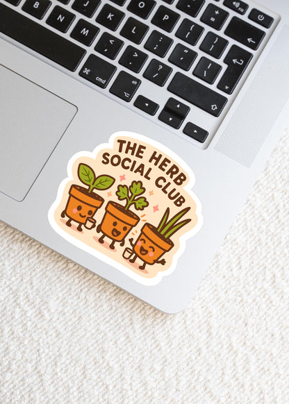 The Herb Social Club Sticker, Cute Kawaii Plant Pot Vinyl Decal, Funny Gardening Gift, Herb Garden Laptop Planner Sticker