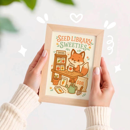 Seed Library Sweeties Art Print, Cute Kawaii Fox Garden Wall Decor, Seed Packet Illustration, Cottagecore Gardener Gift