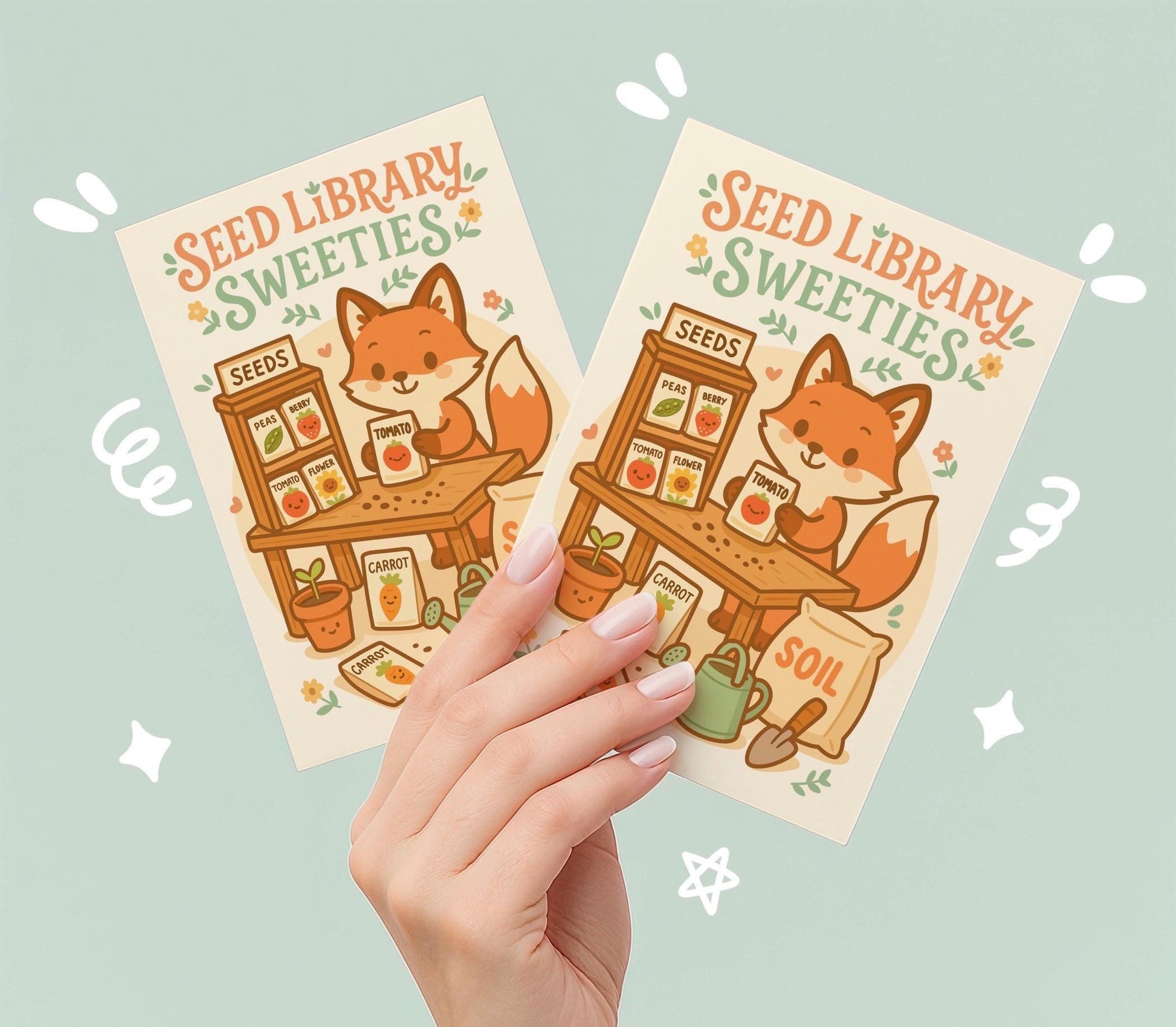 Seed Library Sweeties Art Print, Cute Kawaii Fox Garden Wall Decor, Seed Packet Illustration, Cottagecore Gardener Gift