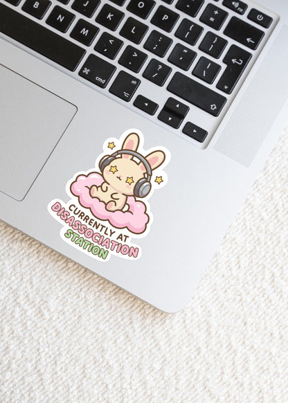 Currently at Disassociation Station Sticker, Cute Kawaii Bunny Vinyl Decal, Neurodivergent Humour, ADHD Anxiety Gift, Mental Health Sticker