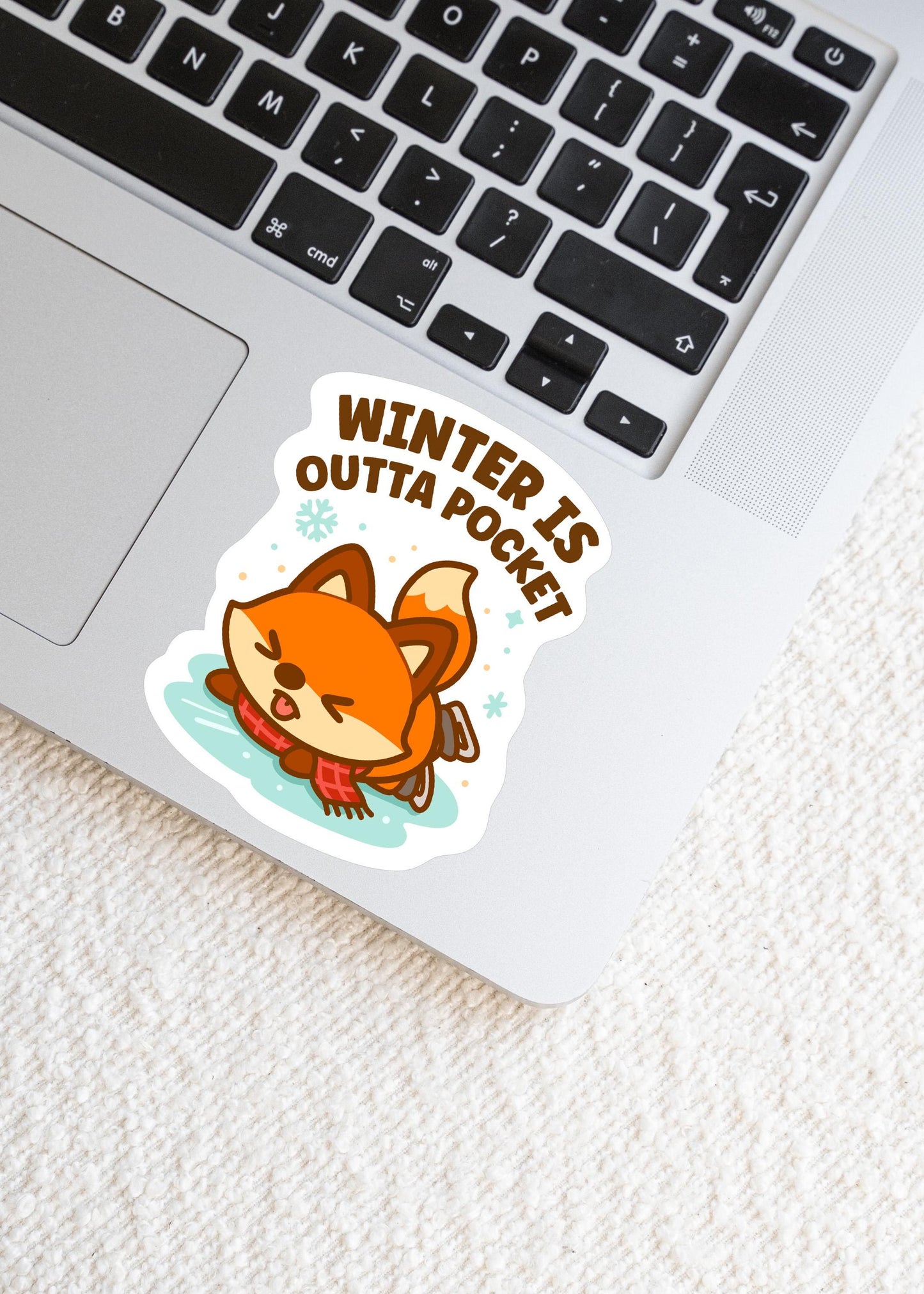 Winter Is Outta Pocket Fox Sticker, Cute Kawaii Canadian Vinyl Decal, Funny Cold Weather Humour, Ice Skating Laptop Gift