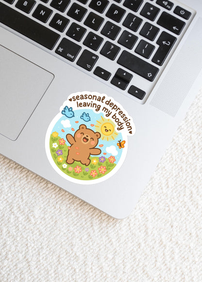 Seasonal Depression Bear Sticker, Cute Kawaii Mental Health Vinyl Decal, Sunshine Therapy Gift, Spring Mood Boost Laptop Art