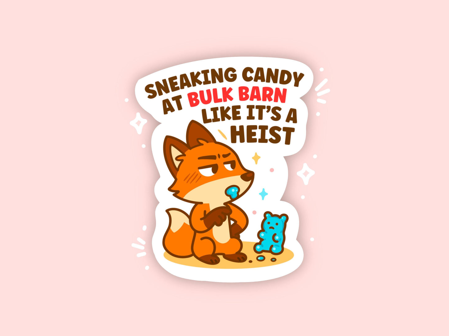 Sneaking Candy at Bulk Barn Fox Sticker, Cute Kawaii Canadian Vinyl Decal, Funny Gummy Snack Gift for Laptop Water Bottle Planner