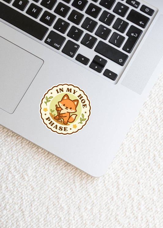 In My Hoe Phase Sticker, 2 Inch Cute Kawaii Fox Vinyl Decal, Funny Gardening Badge, Plant Lover Gift, Garden Club Humour