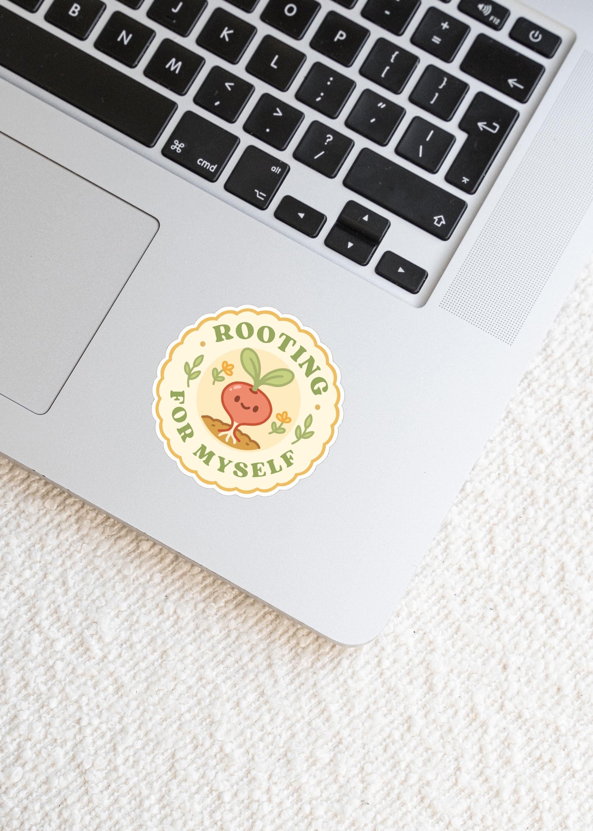 Rooting for Myself Sticker, 2 Inch Cute Kawaii Radish Vinyl Decal, Self Care Gardening Badge, Plant Lover Growth Mindset Garden Club Gift