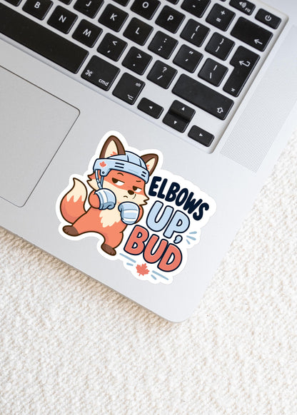 Elbows Up Bud Sticker, Canadian Hockey Humour Vinyl Decal, Cute Kawaii Fox Sticker, Canada Pride Gift, Funny Sports Fan Laptop Sticker