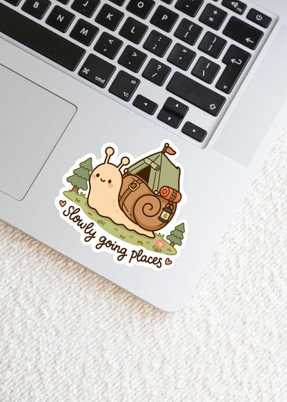 Slowly Going Places Sticker, Cute Snail Camping Vinyl Decal, Kawaii Motivational Sticker, Slow Progress Encouragement Gift, Nature Lover Art