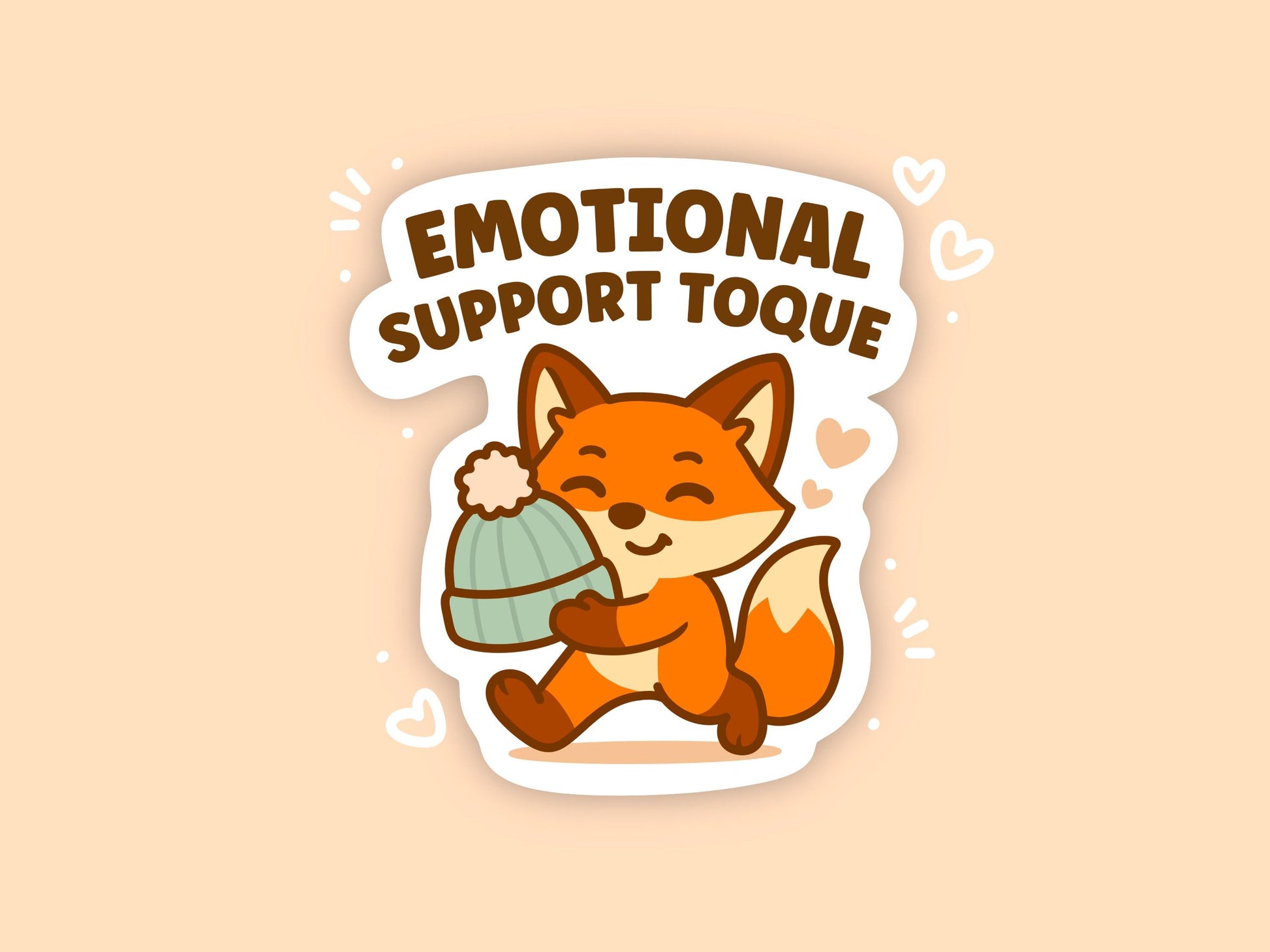 Emotional Support Toque Cute Canadian Fox Vinyl Sticker, Kawaii Winter Laptop Decal, Cozy Self Care Mental Health Gift
