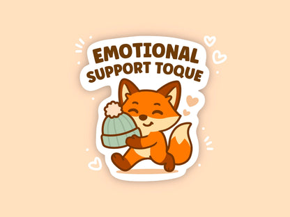 Emotional Support Toque Cute Canadian Fox Vinyl Sticker, Kawaii Winter Laptop Decal, Cozy Self Care Mental Health Gift