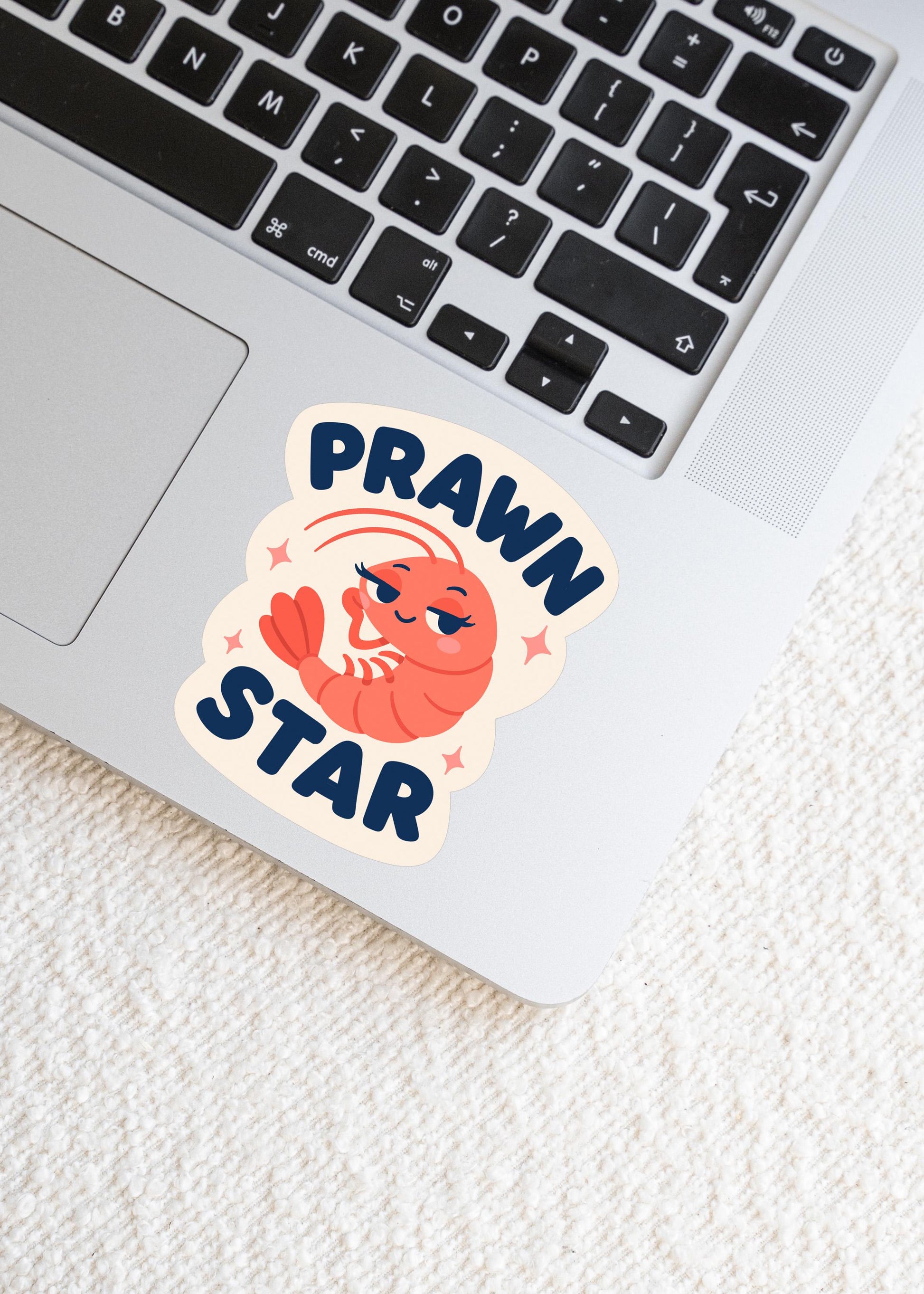 Prawn Star Sticker, Kawaii Shrimp Vinyl Decal, Funny Seafood Pun Gift, Coastal Beach Humour, Ocean Laptop Water Bottle Decor