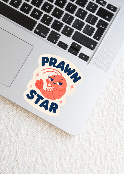 Prawn Star Sticker, Kawaii Shrimp Vinyl Decal, Funny Seafood Pun Gift, Coastal Beach Humour, Ocean Laptop Water Bottle Decor