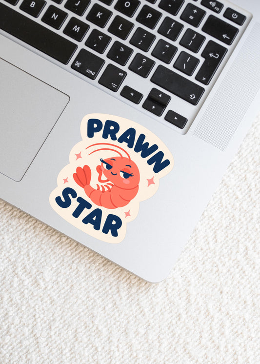 Prawn Star Sticker, Kawaii Shrimp Vinyl Decal, Funny Seafood Pun Gift, Coastal Beach Humour, Ocean Laptop Water Bottle Decor