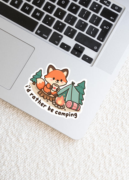 I'd Rather Be Camping Sticker, Cute Kawaii Fox Vinyl Decal, Funny Outdoor Camping Gift, Campfire Tent Laptop Water Bottle Sticker