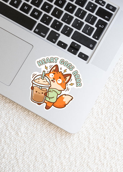 Heart Goes Brrr Iced Coffee Sticker, Cute Kawaii Fox Vinyl Decal, Funny Caffeine Humour Gift, Coffee Lover Laptop Sticker