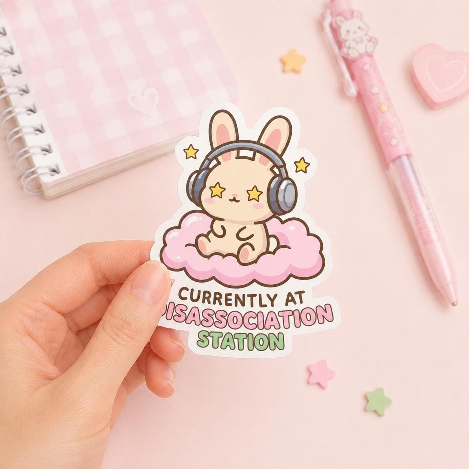 Currently at Disassociation Station Sticker, Cute Kawaii Bunny Vinyl Decal, Neurodivergent Humour, ADHD Anxiety Gift, Mental Health Sticker