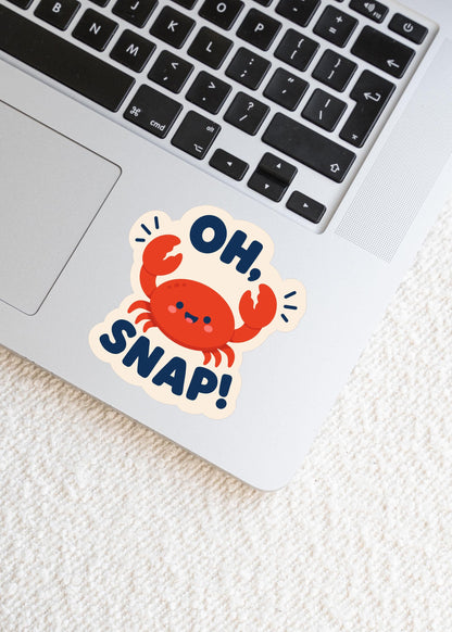 Oh Snap Crab Sticker, Kawaii Coastal Vinyl Decal, Funny Ocean Pun Gift, Beach Nautical Humour, Water Bottle Laptop Decor