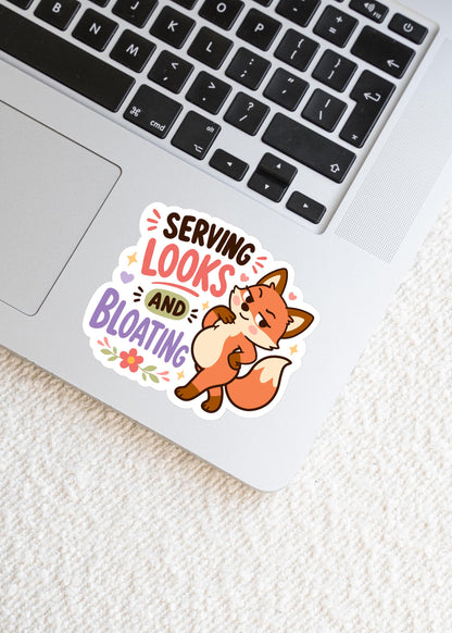 Serving Looks and Bloating Sticker, Funny IBS Vinyl Decal, Cute Kawaii Fox Sticker, Chronic Illness Gift, Body Humour Laptop Art