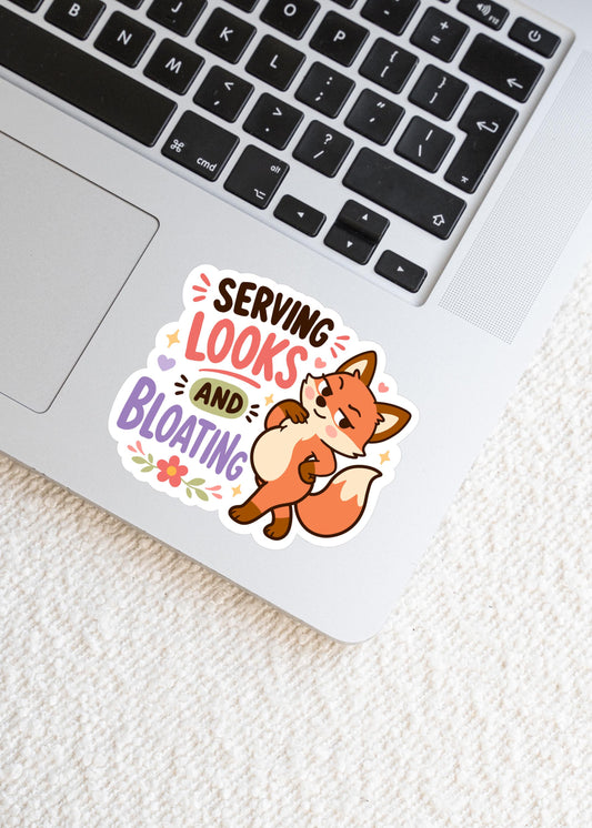 Serving Looks and Bloating Sticker, Funny IBS Vinyl Decal, Cute Kawaii Fox Sticker, Chronic Illness Gift, Body Humour Laptop Art