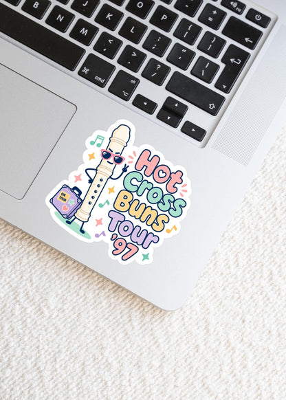 Hot Cross Buns Tour 97 Recorder Sticker, Cute Kawaii Music Class Vinyl Decal, Funny 90s Nostalgia Gift for Laptop Water Bottle