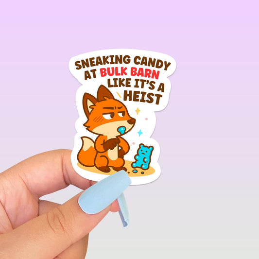 Sneaking Candy at Bulk Barn Fox Sticker, Cute Kawaii Canadian Vinyl Decal, Funny Gummy Snack Gift for Laptop Water Bottle Planner