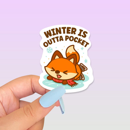 Winter Is Outta Pocket Fox Sticker, Cute Kawaii Canadian Vinyl Decal, Funny Cold Weather Humour, Ice Skating Laptop Gift