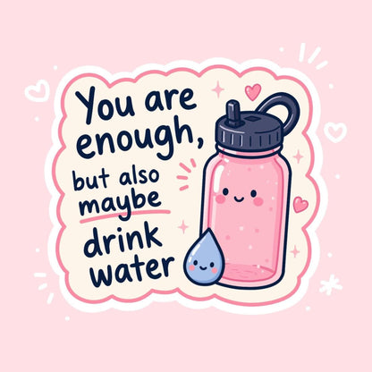 You Are Enough Drink Water Sticker, Cute Kawaii Water Bottle Vinyl Decal, Self Care Reminder Gift, Hydration Humour Laptop Sticker