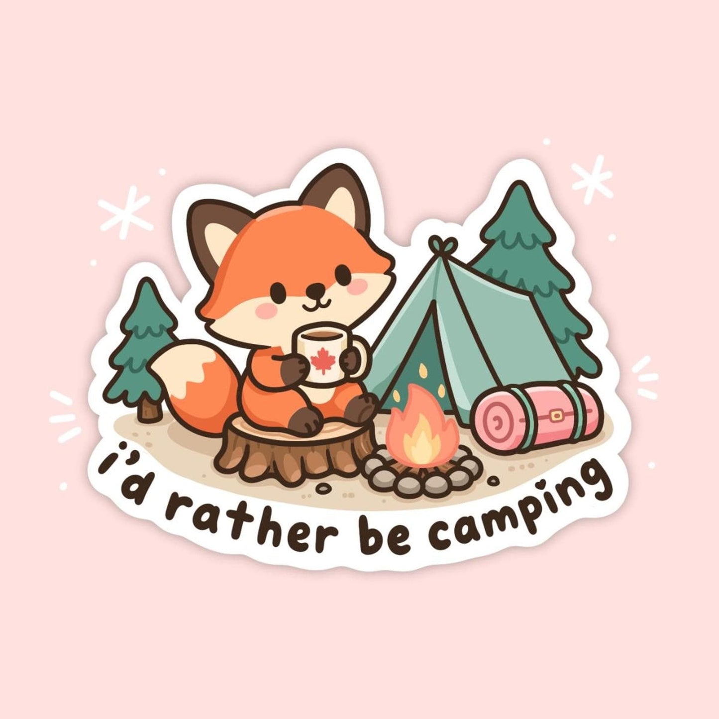 I'd Rather Be Camping Sticker, Cute Kawaii Fox Vinyl Decal, Funny Outdoor Camping Gift, Campfire Tent Laptop Water Bottle Sticker