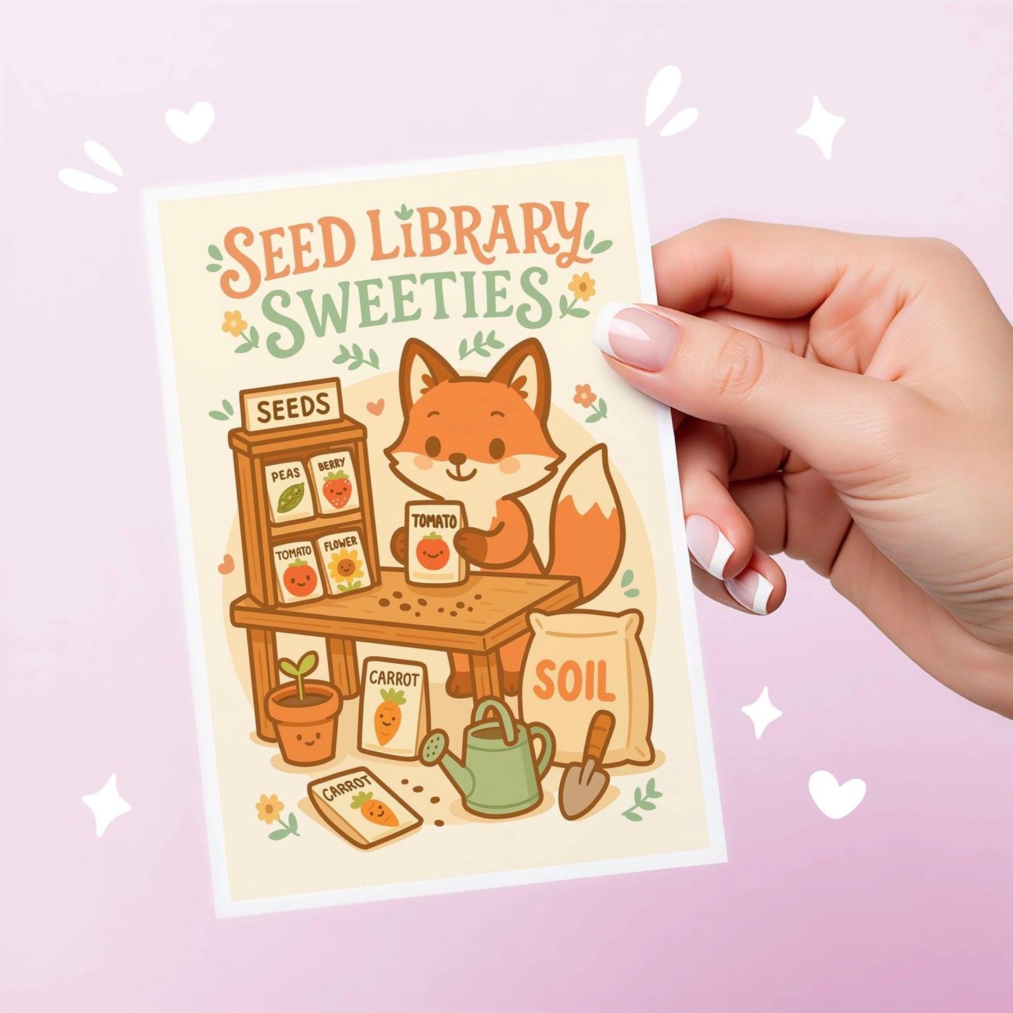 Seed Library Sweeties Art Print, Cute Kawaii Fox Garden Wall Decor, Seed Packet Illustration, Cottagecore Gardener Gift