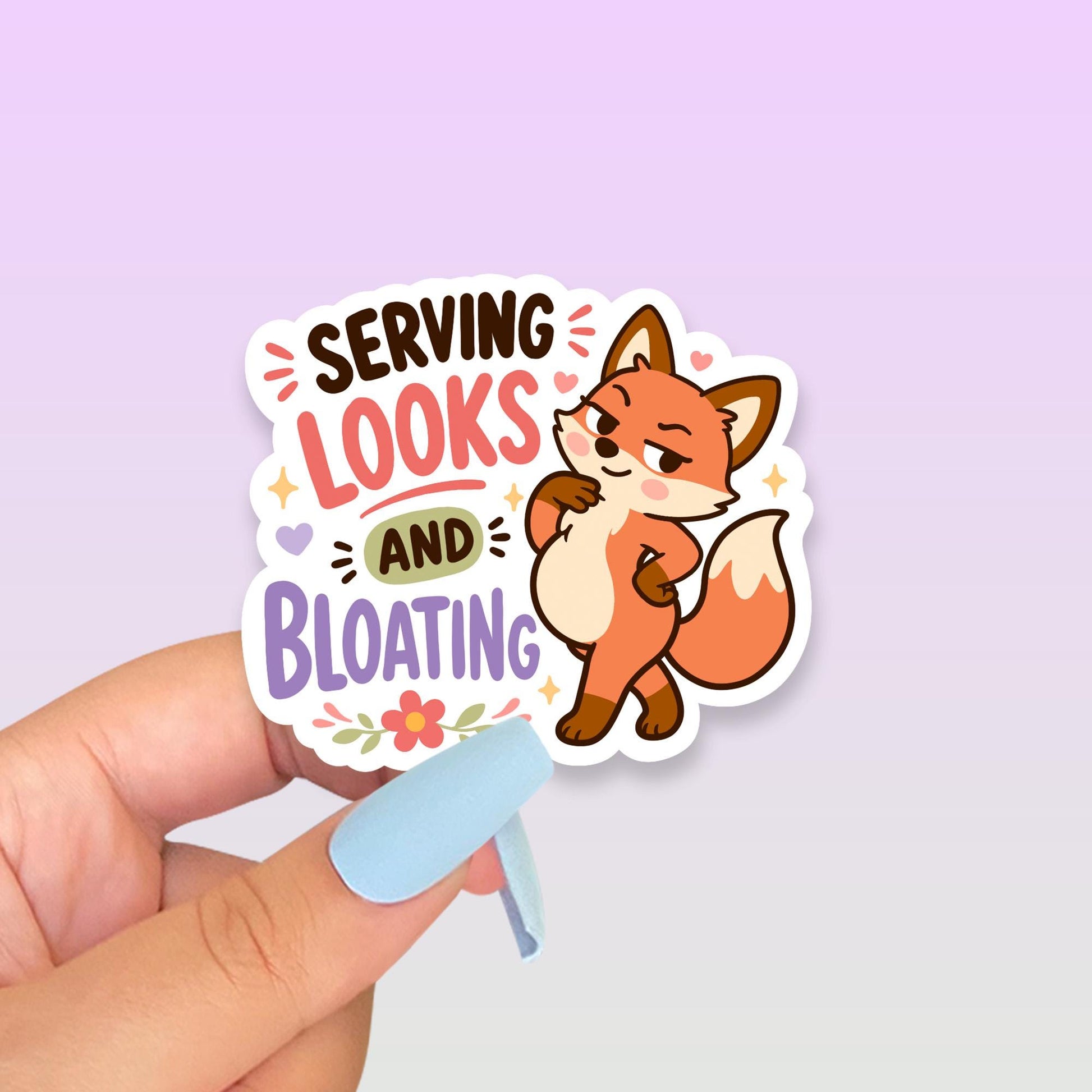 Serving Looks and Bloating Sticker, Funny IBS Vinyl Decal, Cute Kawaii Fox Sticker, Chronic Illness Gift, Body Humour Laptop Art