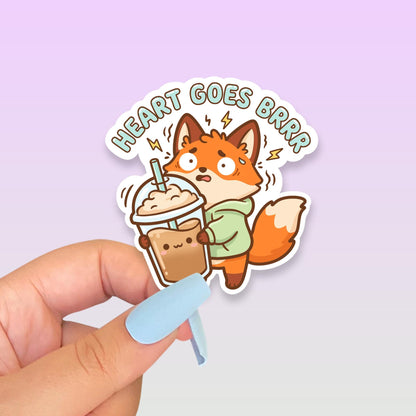 Heart Goes Brrr Iced Coffee Sticker, Cute Kawaii Fox Vinyl Decal, Funny Caffeine Humour Gift, Coffee Lover Laptop Sticker