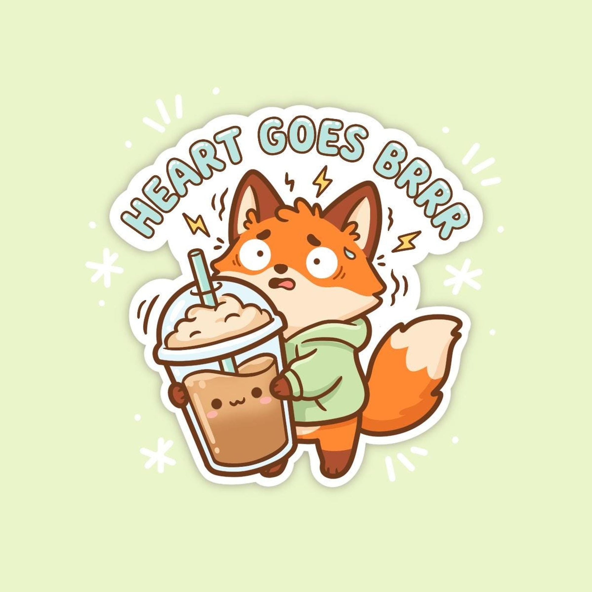 Heart Goes Brrr Iced Coffee Sticker, Cute Kawaii Fox Vinyl Decal, Funny Caffeine Humour Gift, Coffee Lover Laptop Sticker