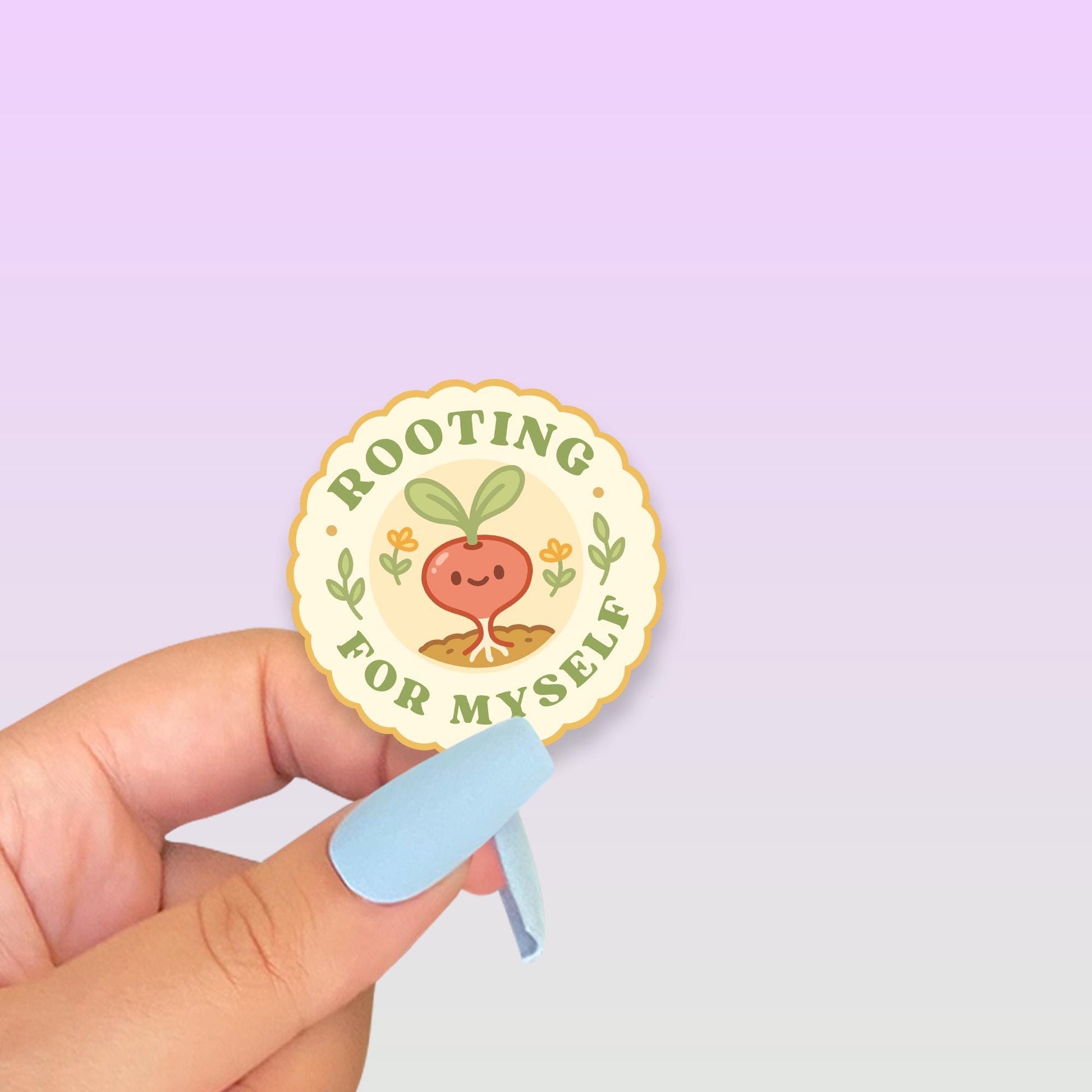 Rooting for Myself Sticker, 2 Inch Cute Kawaii Radish Vinyl Decal, Self Care Gardening Badge, Plant Lover Growth Mindset Garden Club Gift