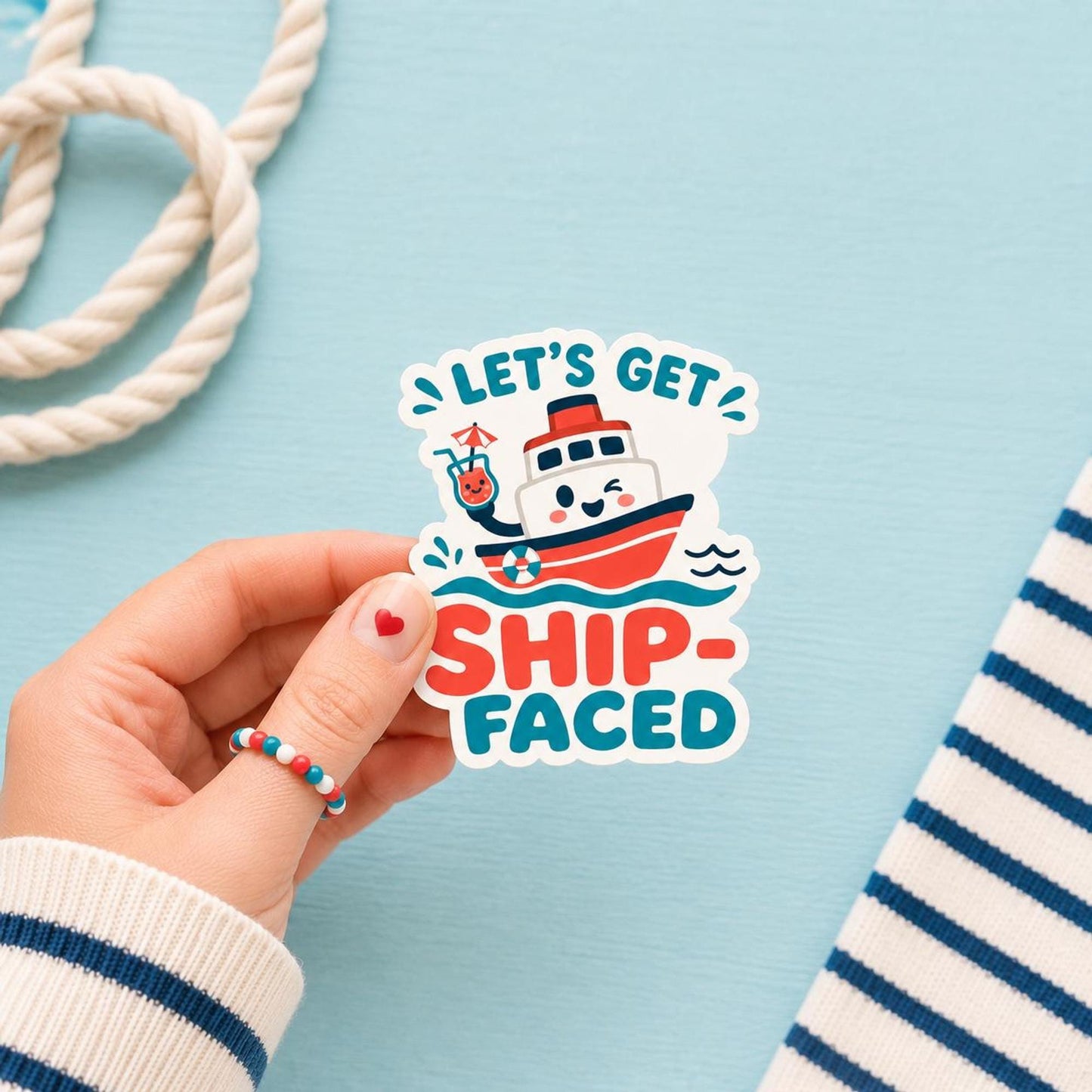 Let's Get Ship-Faced Sticker, Kawaii Boat Vinyl Decal, Funny Nautical Party Pun, Cruise Vacation Gift, Coastal Drinking Humour