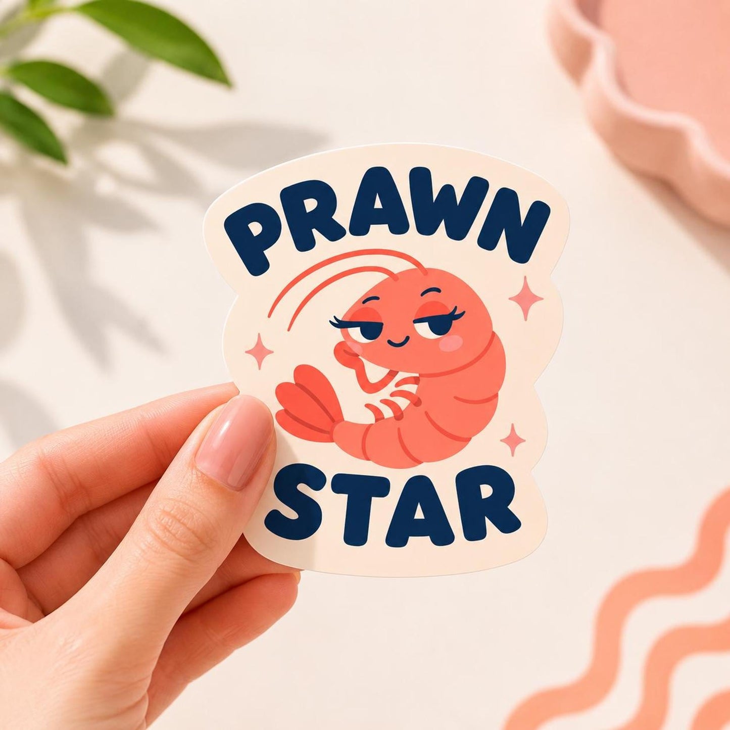 Prawn Star Sticker, Kawaii Shrimp Vinyl Decal, Funny Seafood Pun Gift, Coastal Beach Humour, Ocean Laptop Water Bottle Decor