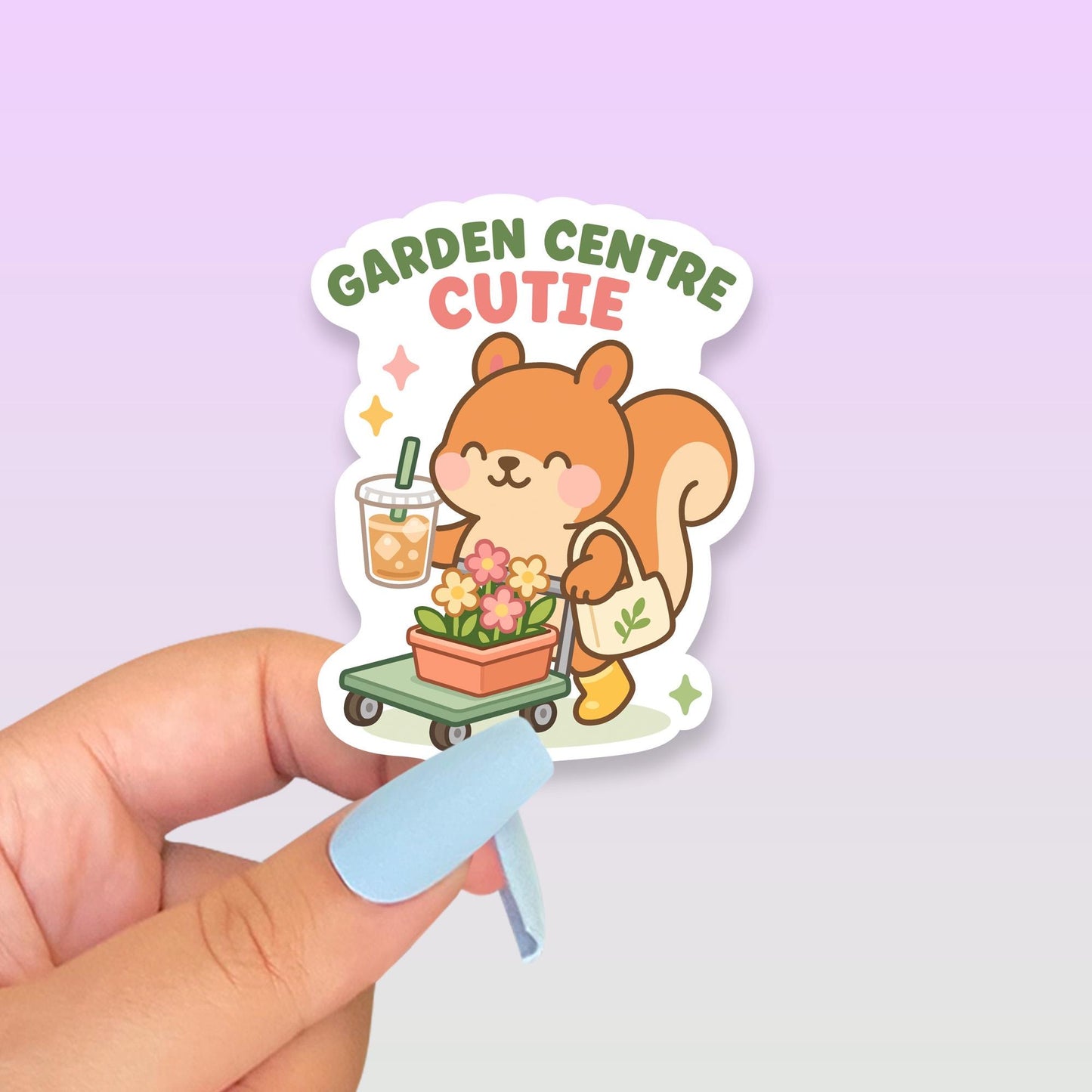 Garden Centre Cutie Sticker, Kawaii Squirrel Vinyl Decal, Cute Gardening Gift, Plant Lover Iced Coffee Spring Nursery Decor