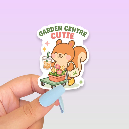 Garden Centre Cutie Sticker, Kawaii Squirrel Vinyl Decal, Cute Gardening Gift, Plant Lover Iced Coffee Spring Nursery Decor