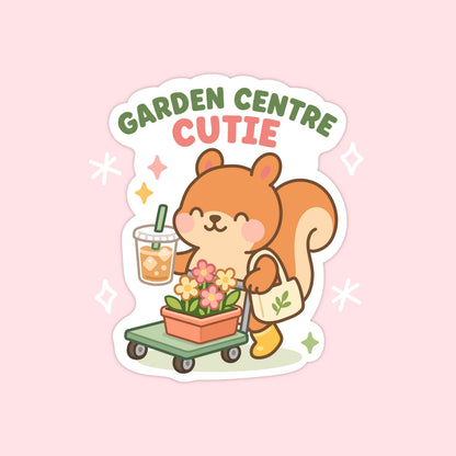 Garden Centre Cutie Sticker, Kawaii Squirrel Vinyl Decal, Cute Gardening Gift, Plant Lover Iced Coffee Spring Nursery Decor