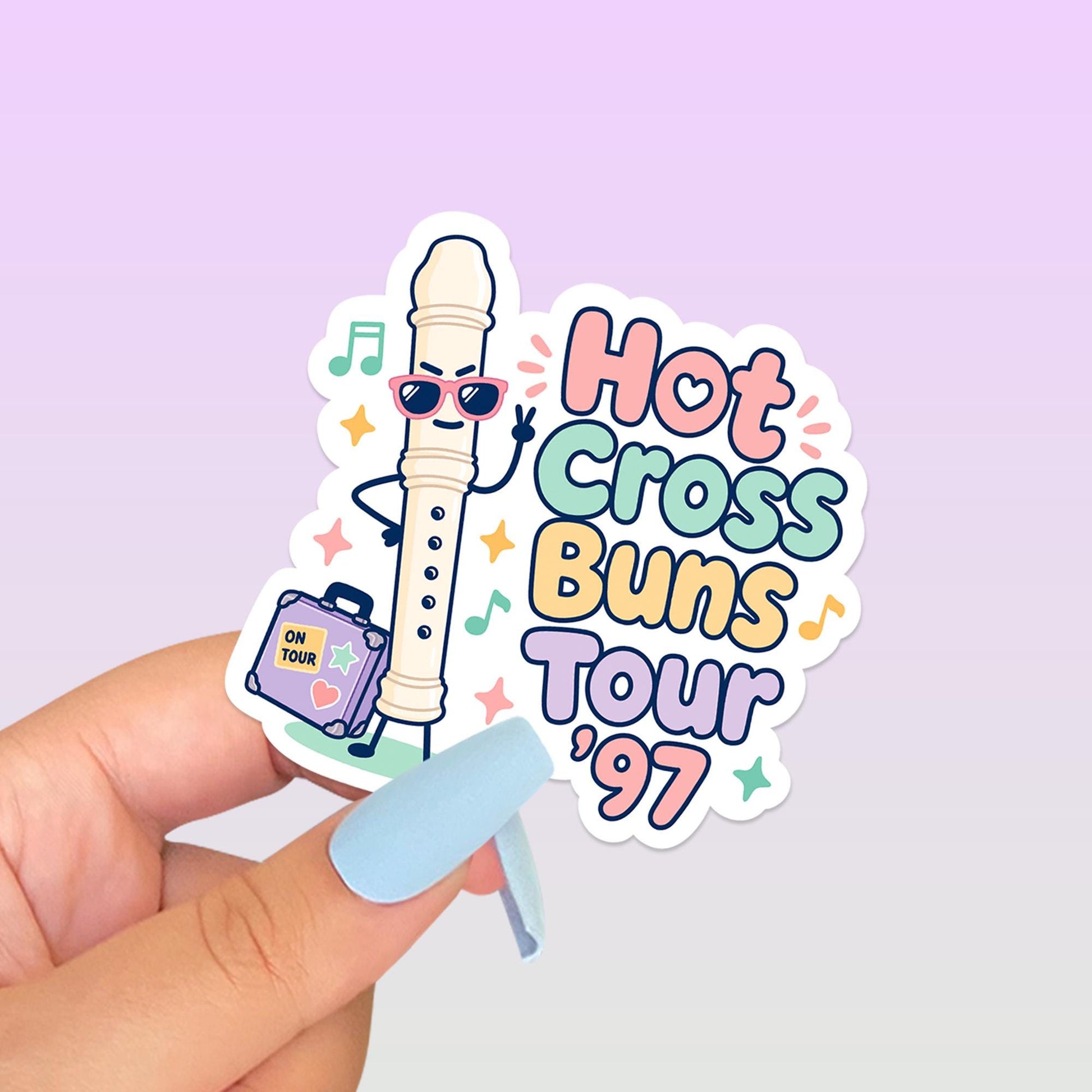 Hot Cross Buns Tour 97 Recorder Sticker, Cute Kawaii Music Class Vinyl Decal, Funny 90s Nostalgia Gift for Laptop Water Bottle