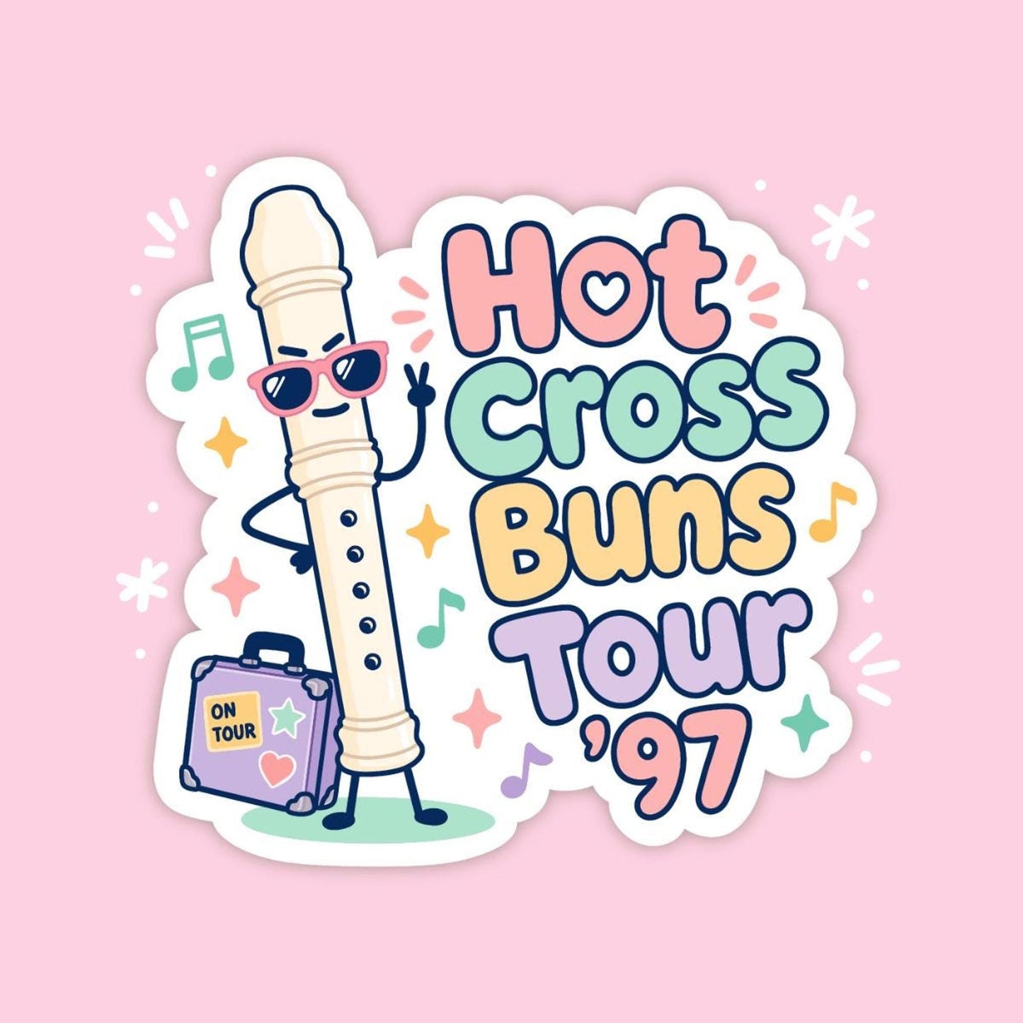 Hot Cross Buns Tour 97 Recorder Sticker, Cute Kawaii Music Class Vinyl Decal, Funny 90s Nostalgia Gift for Laptop Water Bottle
